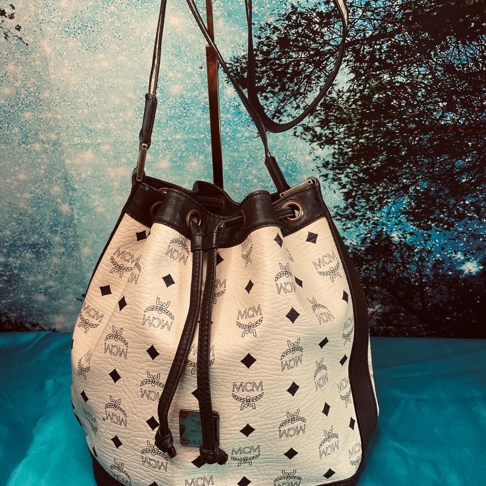 MCM White and Blue Monogram Drawstring Bucket Shoulder Bag